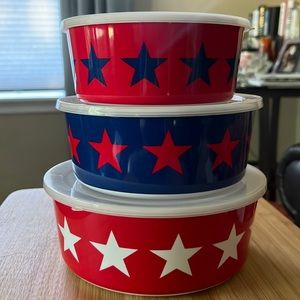 NWOT Set of 3 decorative Americana themed containers with clear lids.